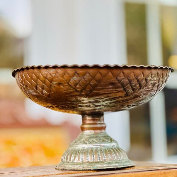Vintage Handcrafted Copper Brass Pedestal Bowl 10” Wide Engraved Rustic - Picture 1 of 4